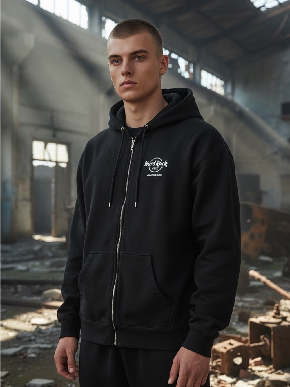 Hard Rock Cafe Black Full-Zip Hoodie with Chest Logo and Back Hit